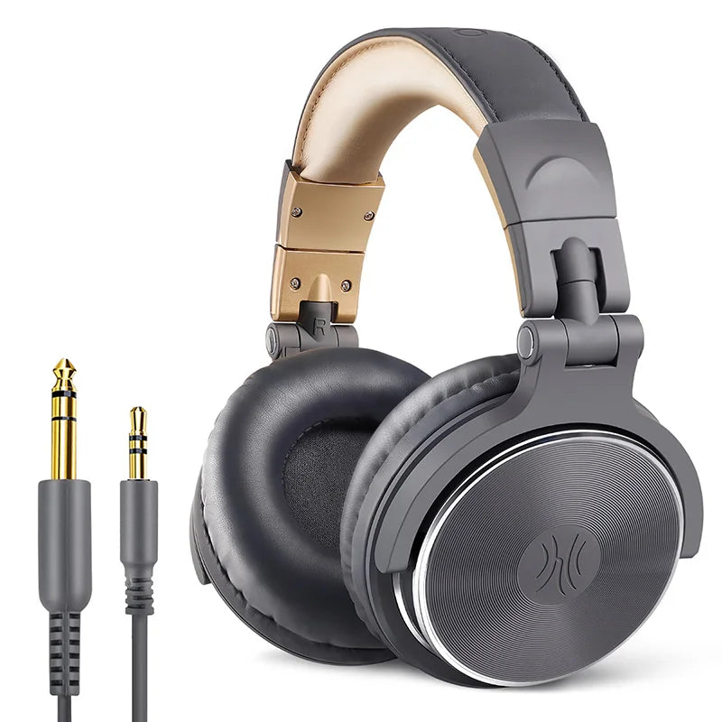 Grey and gold wired over-ear studio monitor headphones with cushioned headband and ear cups, plus audio cable adapters.