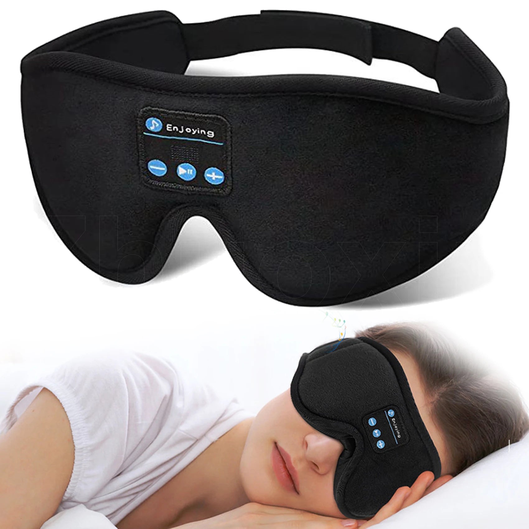 Soft black fabric sleep eye mask with built-in Bluetooth headphones and control buttons, shown in use while sleeping.