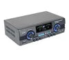 Black 5.0 channel hi-fi power amplifier with twin analogue volume meters, blue illuminated dials, and front controls.