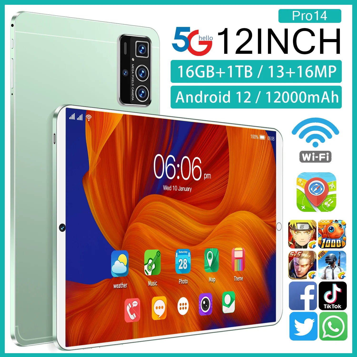 Sleek mint green 12-inch Android 12 tablet with 16GB RAM, 1TB storage, 5G connectivity, and triple rear camera.
