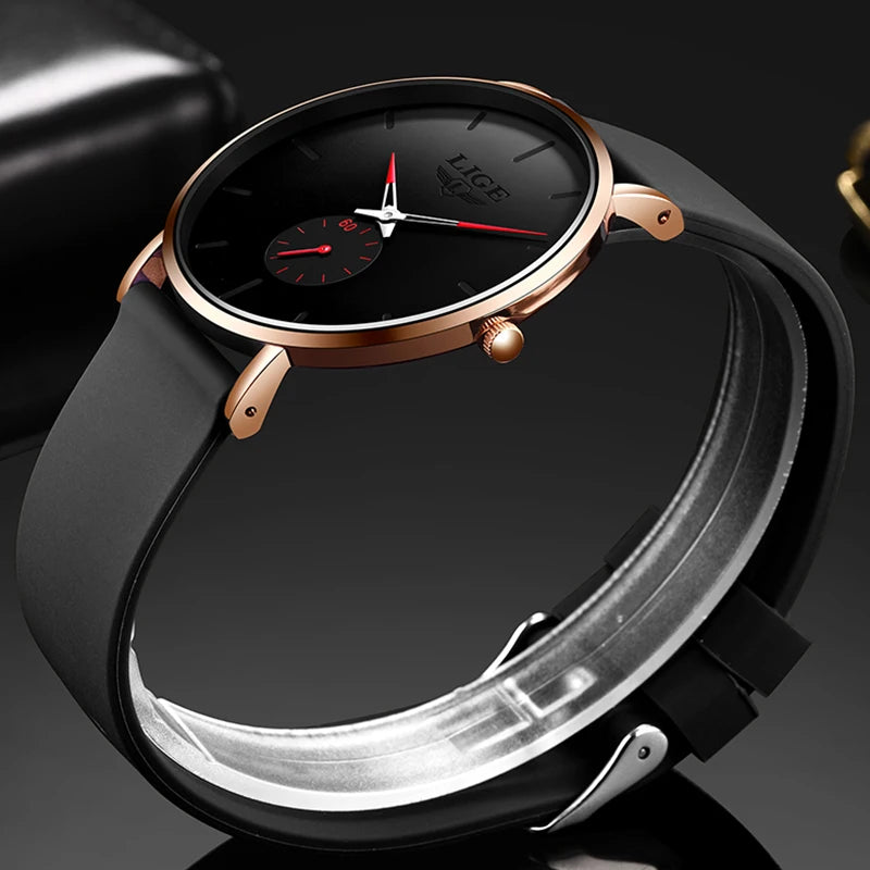 LIGE quartz watch with black dial, rose gold case, and black silicone strap, featuring red hands.