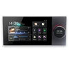 Black 7-inch wall-mounted smart amplifier with touch screen, digital interface, and circular volume control dial.