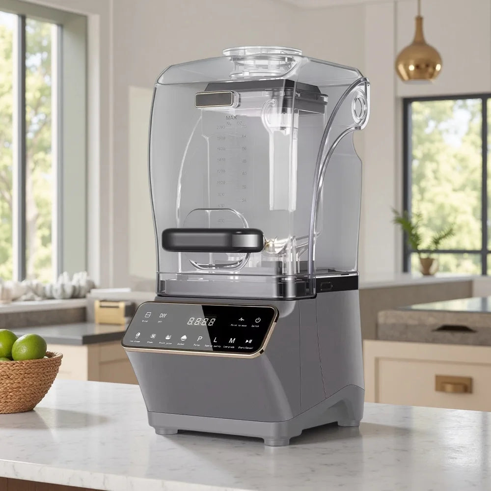 Modern gray countertop blender with a clear, sound-dampening enclosure and a digital touchscreen control panel.