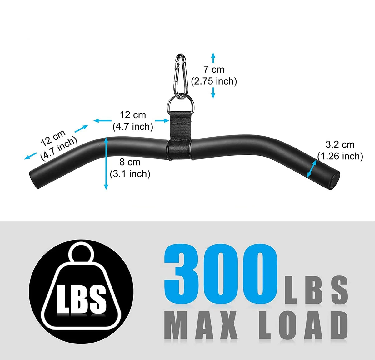 Black lat pulldown bar with dimensions and a 300 LBS max load indicator.