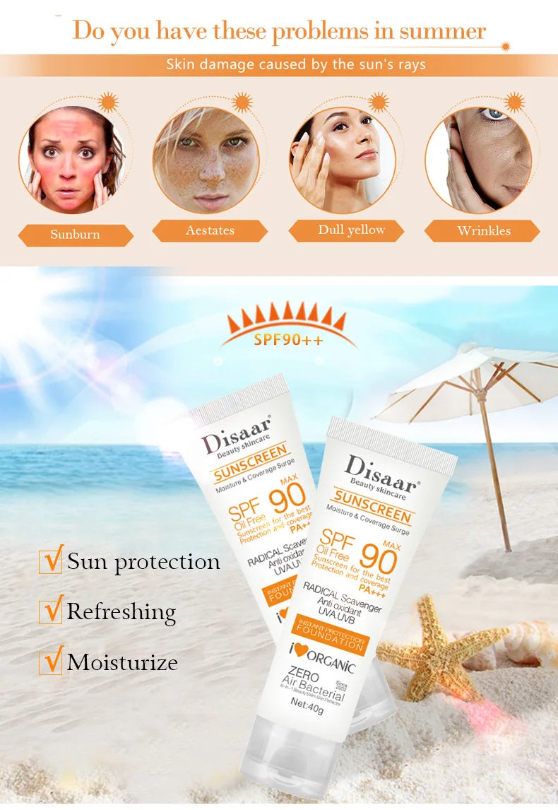 Two white tubes of SPF 90++ moisturizing sunscreen for sun protection, shown on a beach background.
