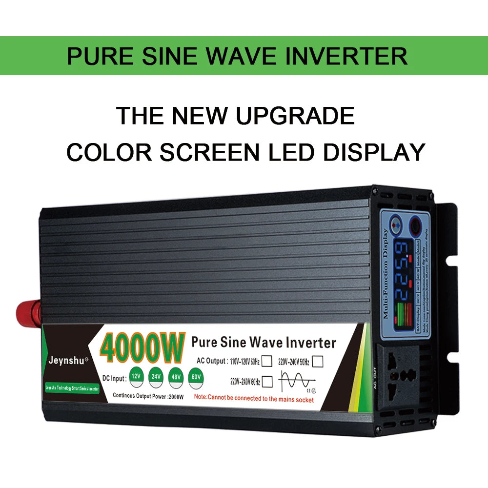Black 4000W pure sine wave power inverter with a metallic finish, integrated colour LED display, and AC output socket.