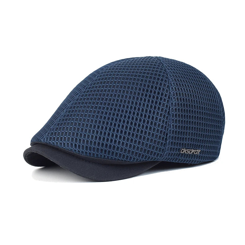 Unisex navy blue flat cap in a lightweight, breathable mesh fabric with a solid dark brim.