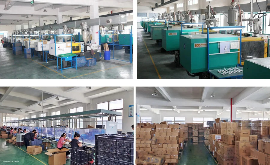A manufacturing facility showing automated green injection moulding machinery, an assembly line, and packaged inventory.