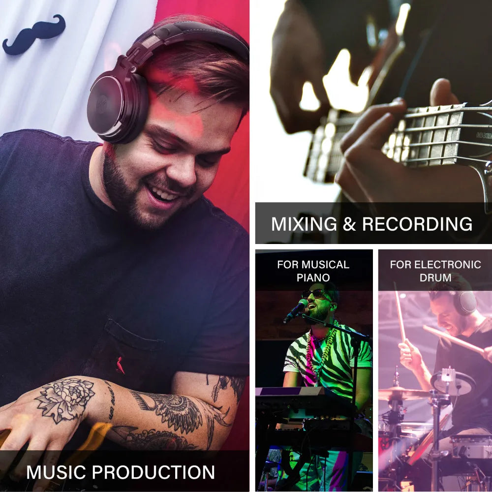 Black over-ear studio headphones being used by a musician for music production, recording, and live performance.