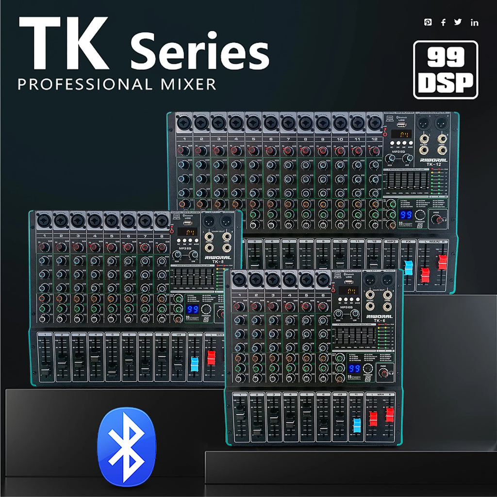 Black 6-channel professional audio mixer with rotary knobs, sliding faders, digital display and Bluetooth connectivity.