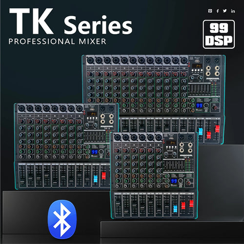 Black 6-channel professional audio mixer with rotary knobs, sliding faders, digital display and Bluetooth connectivity.