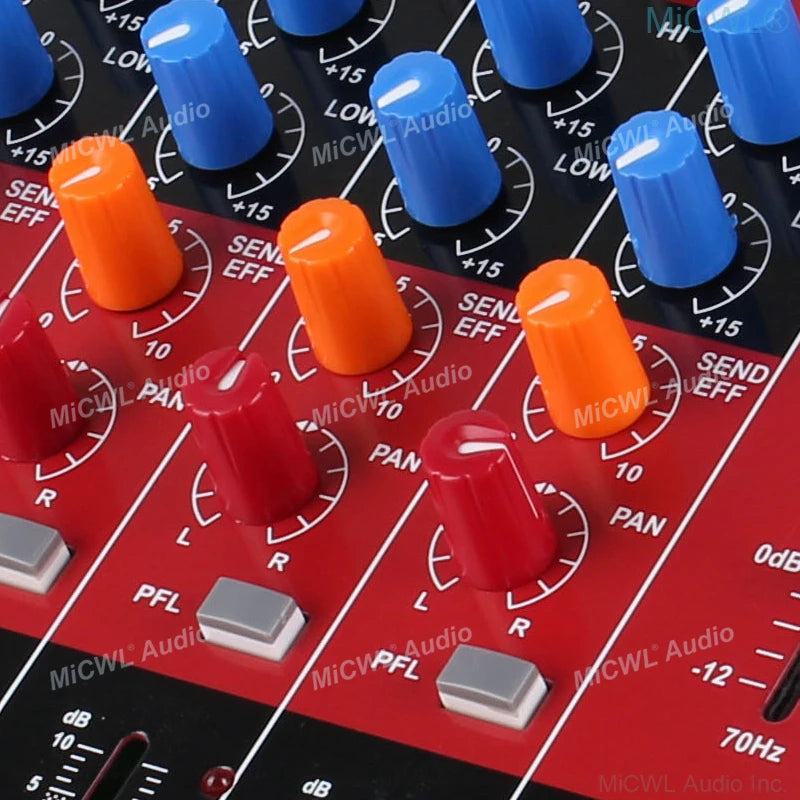 Close-up of an audio mixing console with vibrant red and black panels and colourful blue, orange, and red control knobs.