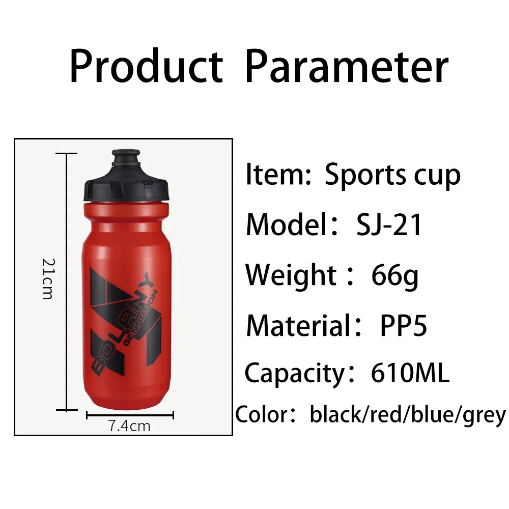 Red 610ml sports water bottle with a black cap and Bolany branding, showing dimensions of 21cm by 7.4cm.