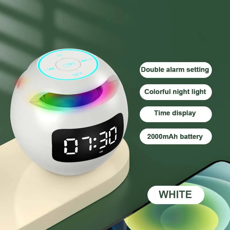 White spherical Bluetooth speaker and LED alarm clock with colourful light and digital time display.