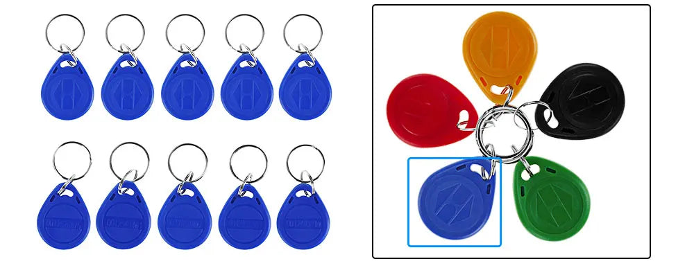 Blue and multi-colored plastic RFID key fob tags with metal rings, arranged in rows and as a cluster.