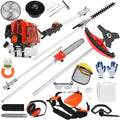 5-in-1 red gasoline garden multi-tool set with engine, extension poles, chainsaw, trimmer heads, and safety equipment.
