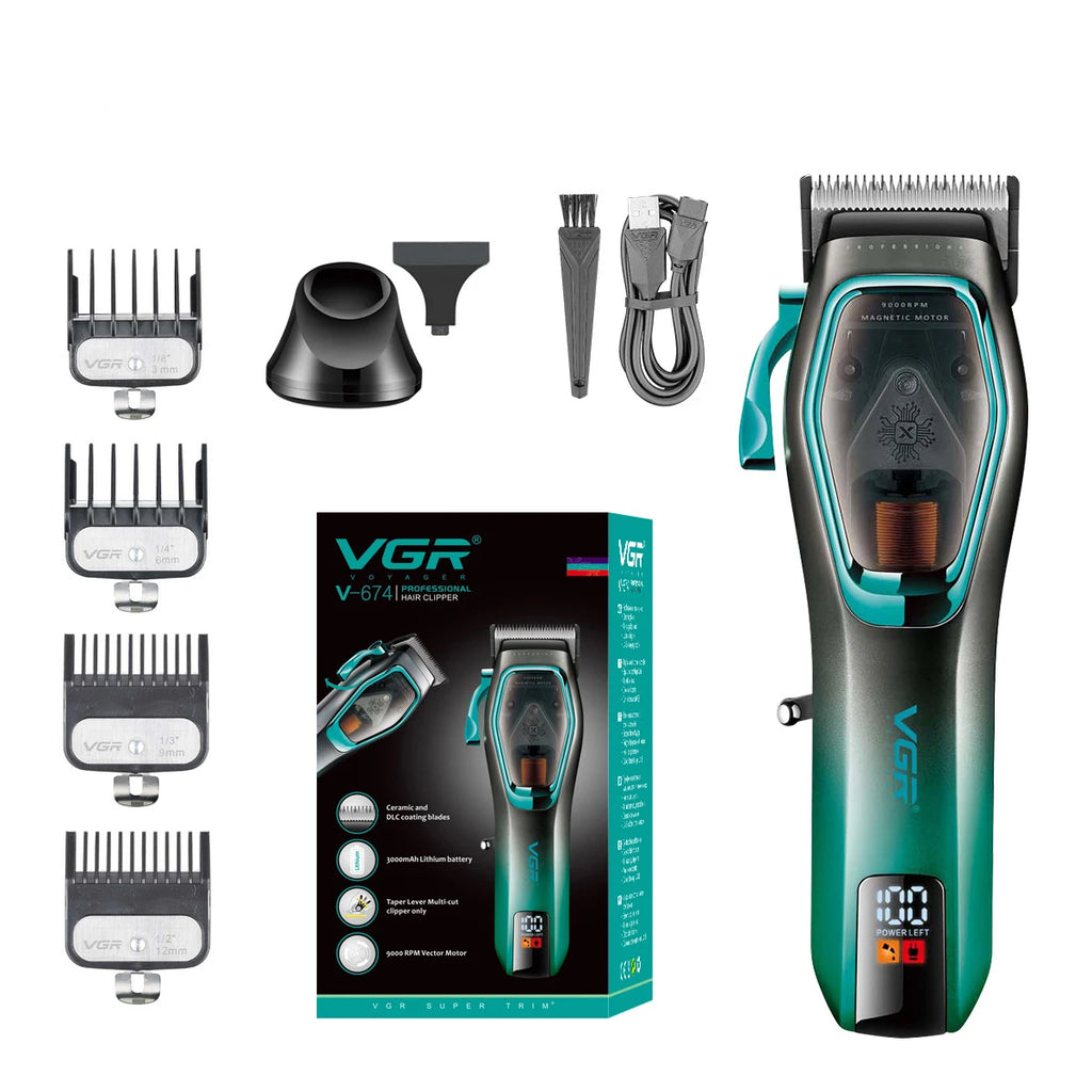 Professional cordless hair clipper set in metallic green with LED display, guide combs, charging cable and brush.