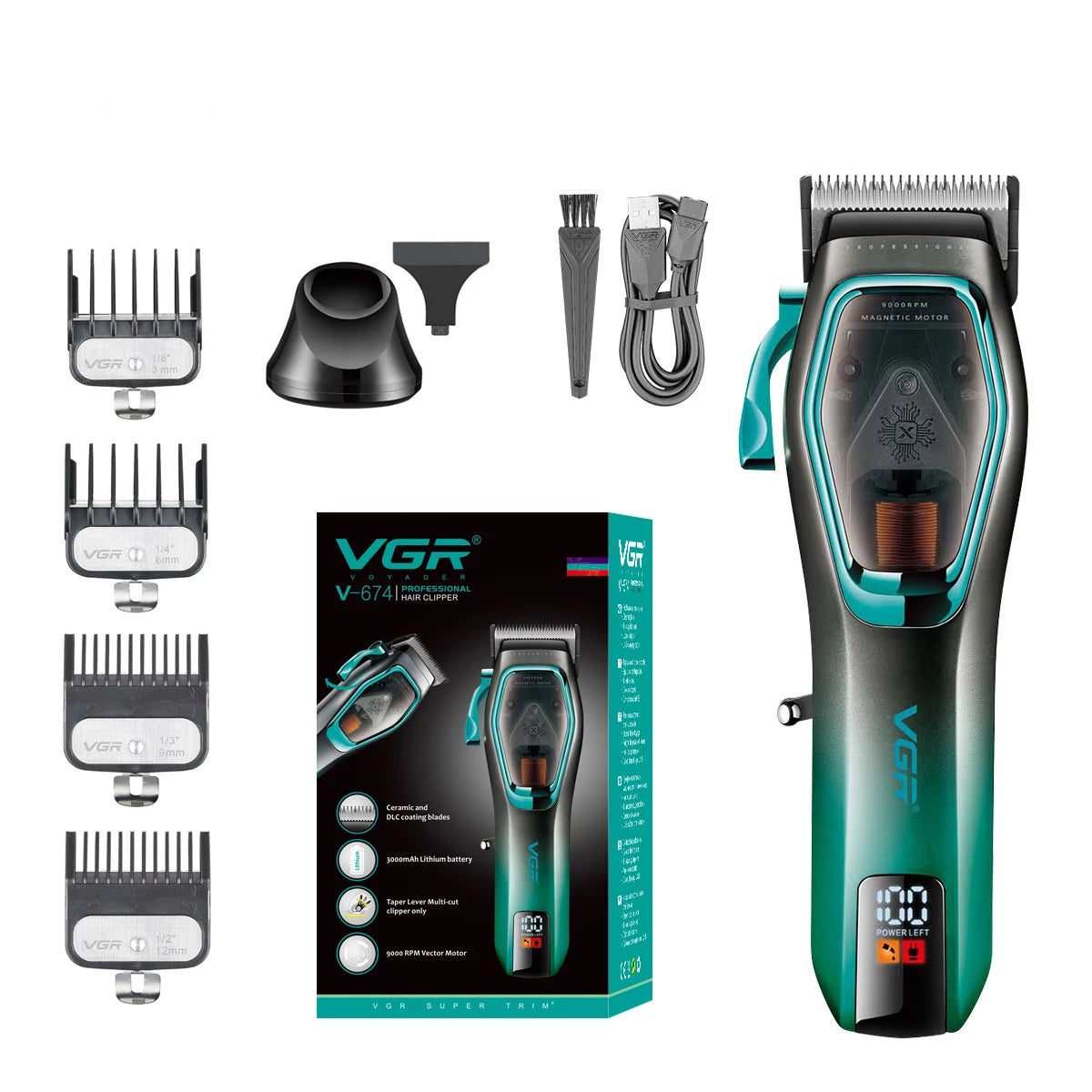 Professional cordless hair clipper set in metallic green with LED display, guide combs, charging cable and brush.