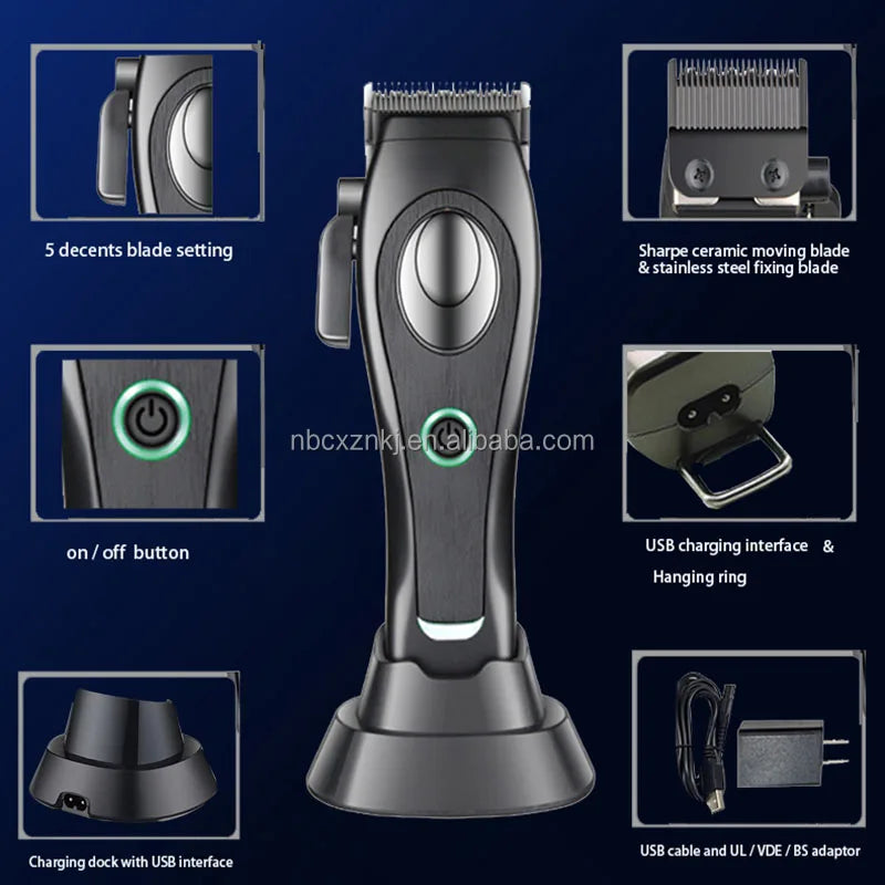 Black professional cordless hair clipper with ceramic blades, adjustable settings, USB charging dock and accessories.