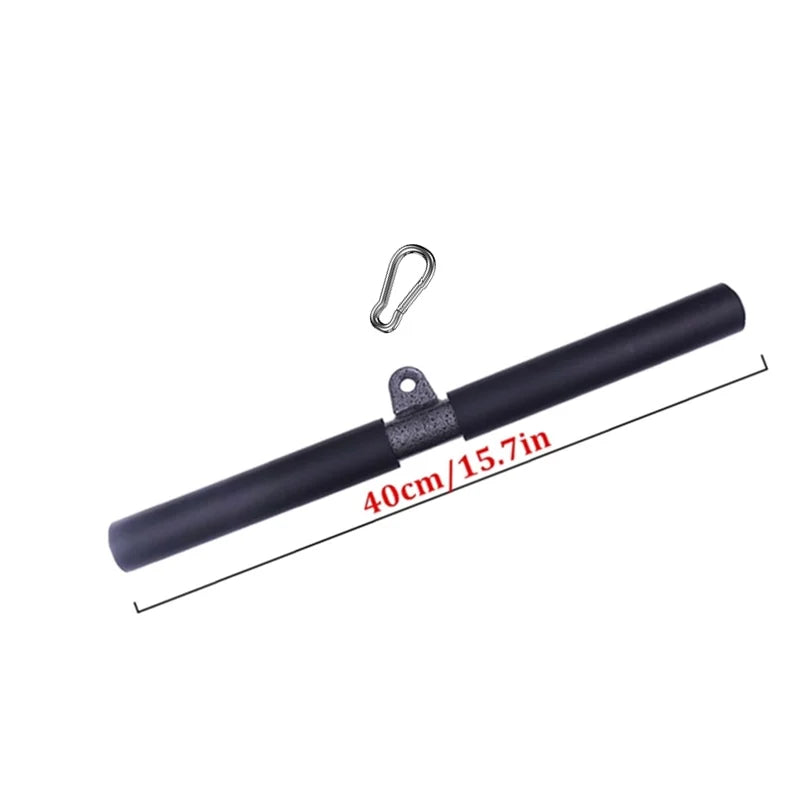 Black fitness bar with central attachment ring, 40cm/15.7in long, and a metal carabiner.