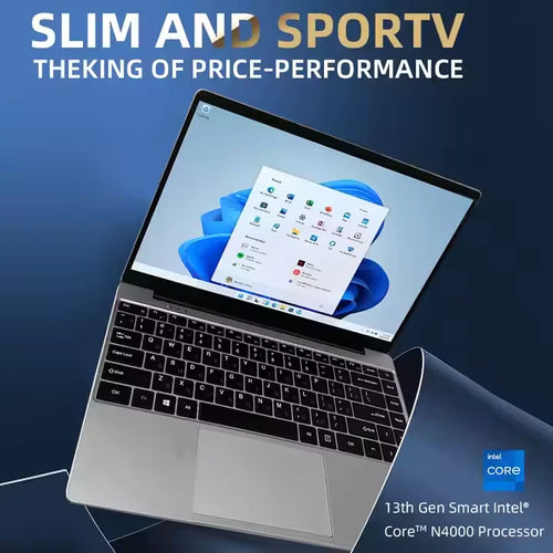 A slim, silver 15.6-inch laptop with a black keyboard and Windows 11 desktop displayed on the screen.