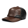 Brown and black genuine leather men’s baseball cap with a structured peak and foldable winter ear flaps.