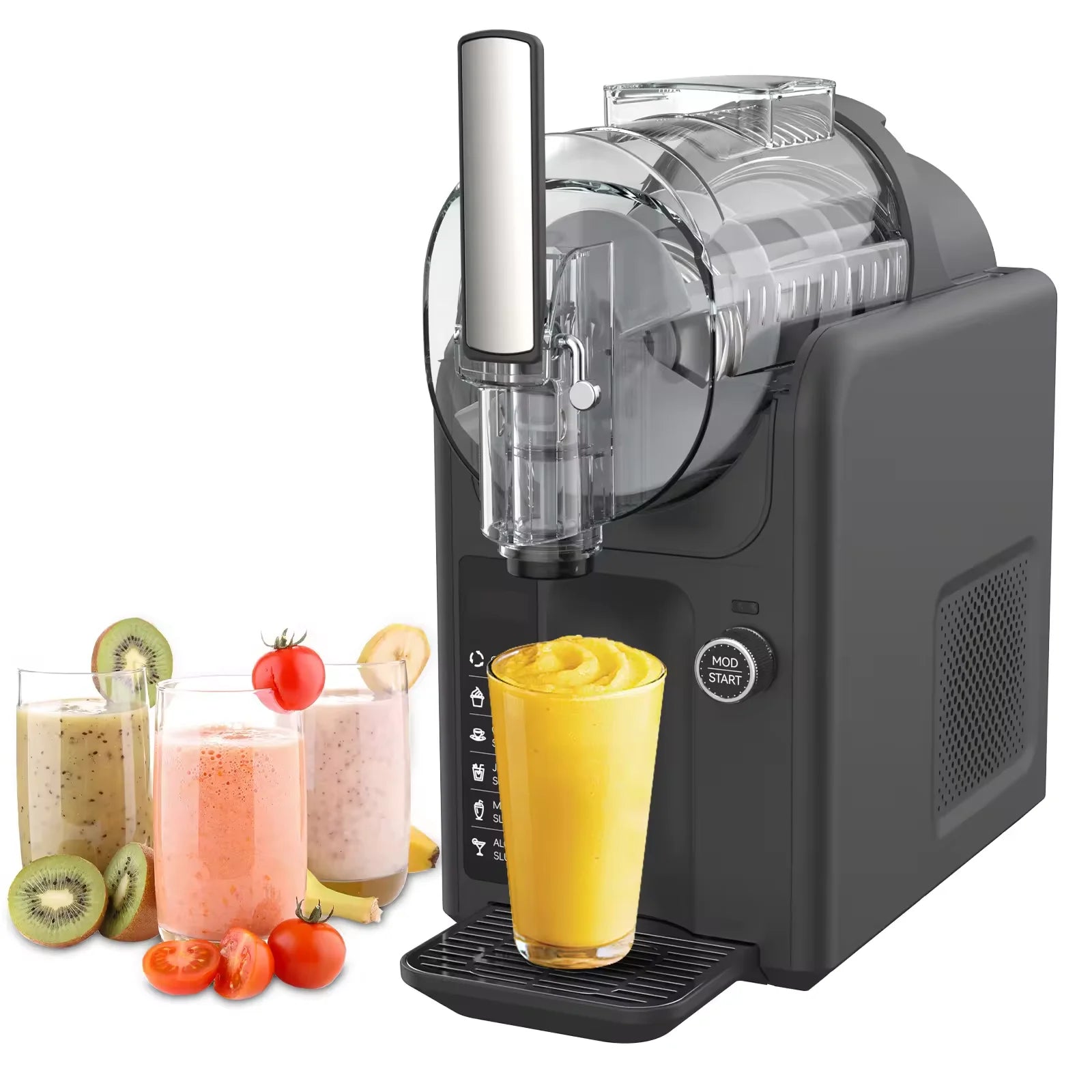 Matte grey smoothie maker dispensing a yellow drink into a glass, with several fruit-filled smoothies nearby.
