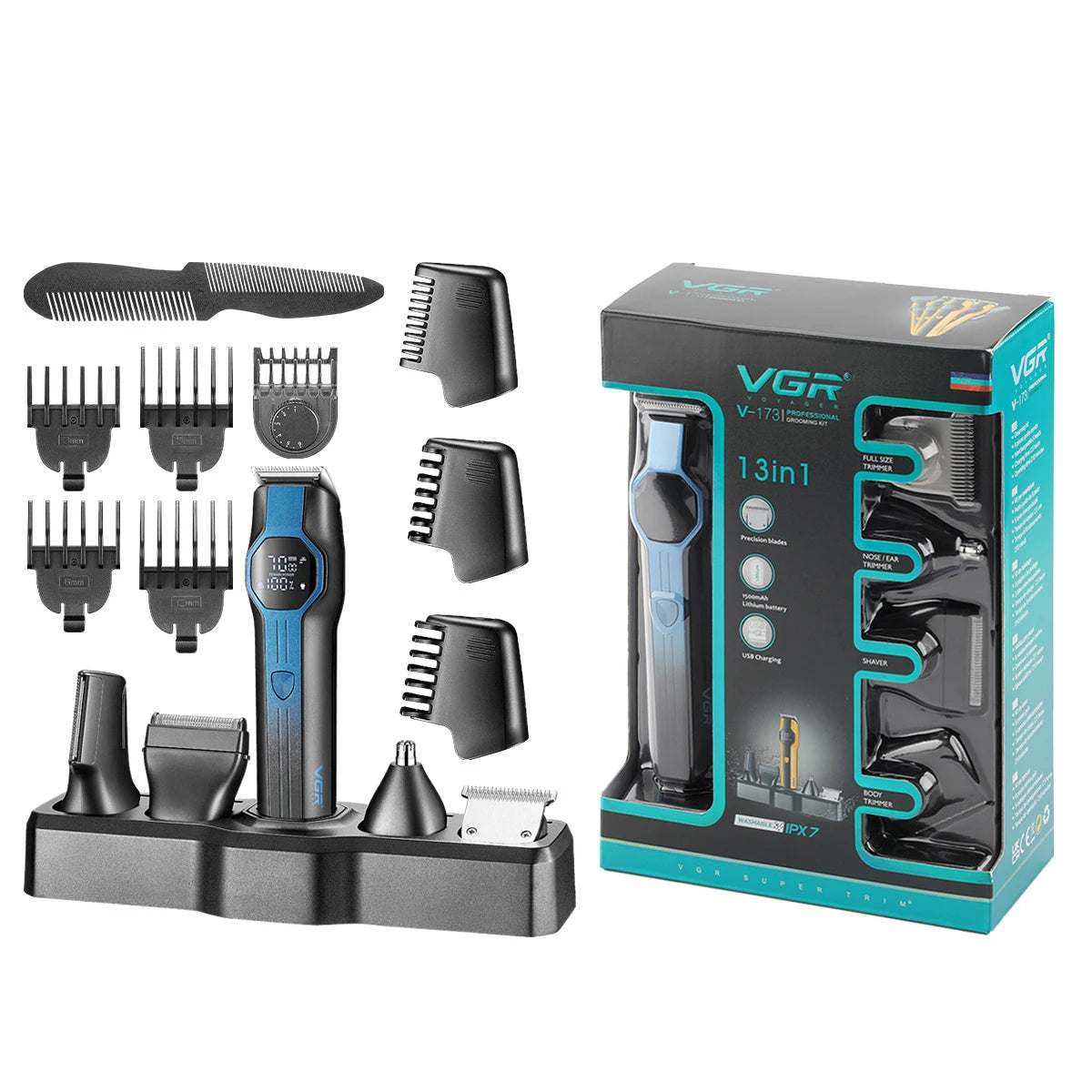 Black and blue rechargeable grooming kit with digital display, various trimmer heads, guard combs, and charging stand.