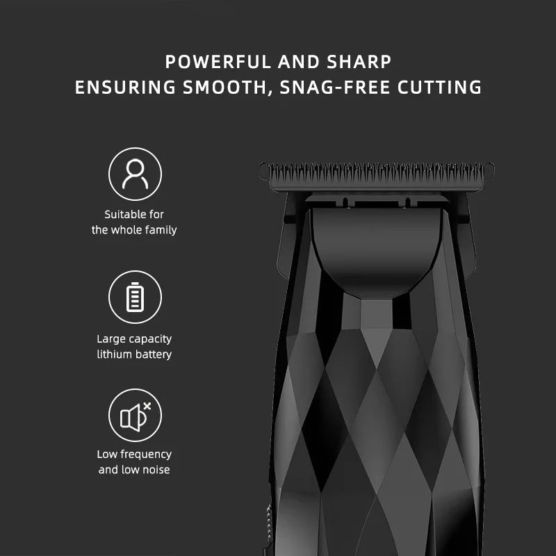 Black cordless T-blade hair and beard trimmer with a textured geometric grip, highlighting long battery and low noise.
