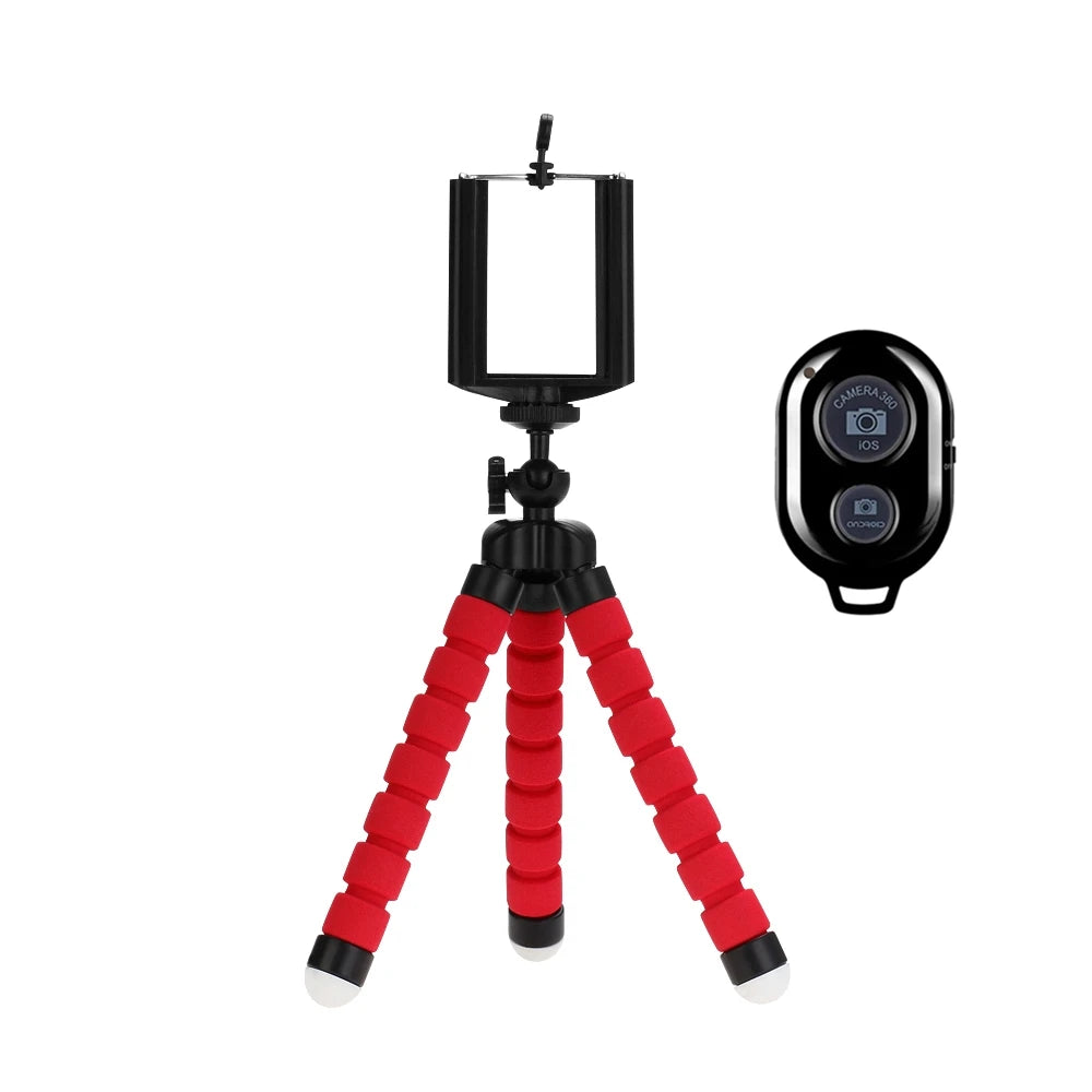 Flexible red and black tripod stand with an adjustable phone holder and a Bluetooth remote shutter button.
