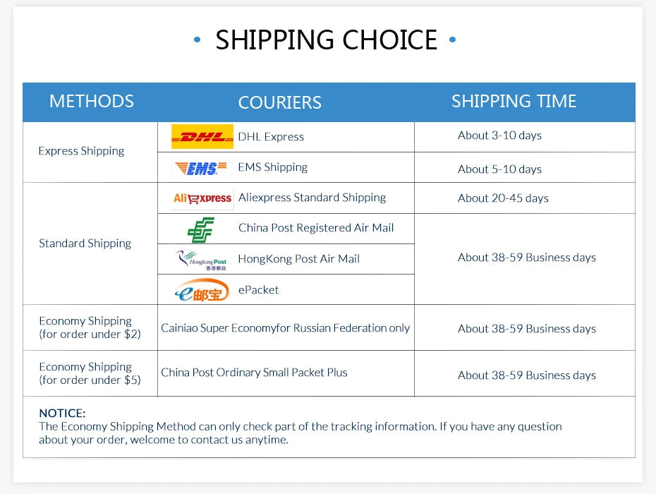 Shipping information table listing express, standard, and economy methods with courier names and estimated delivery times.