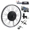 Electric bike conversion kit featuring a black hub motor wheel, control unit, digital display, throttle and brake levers.