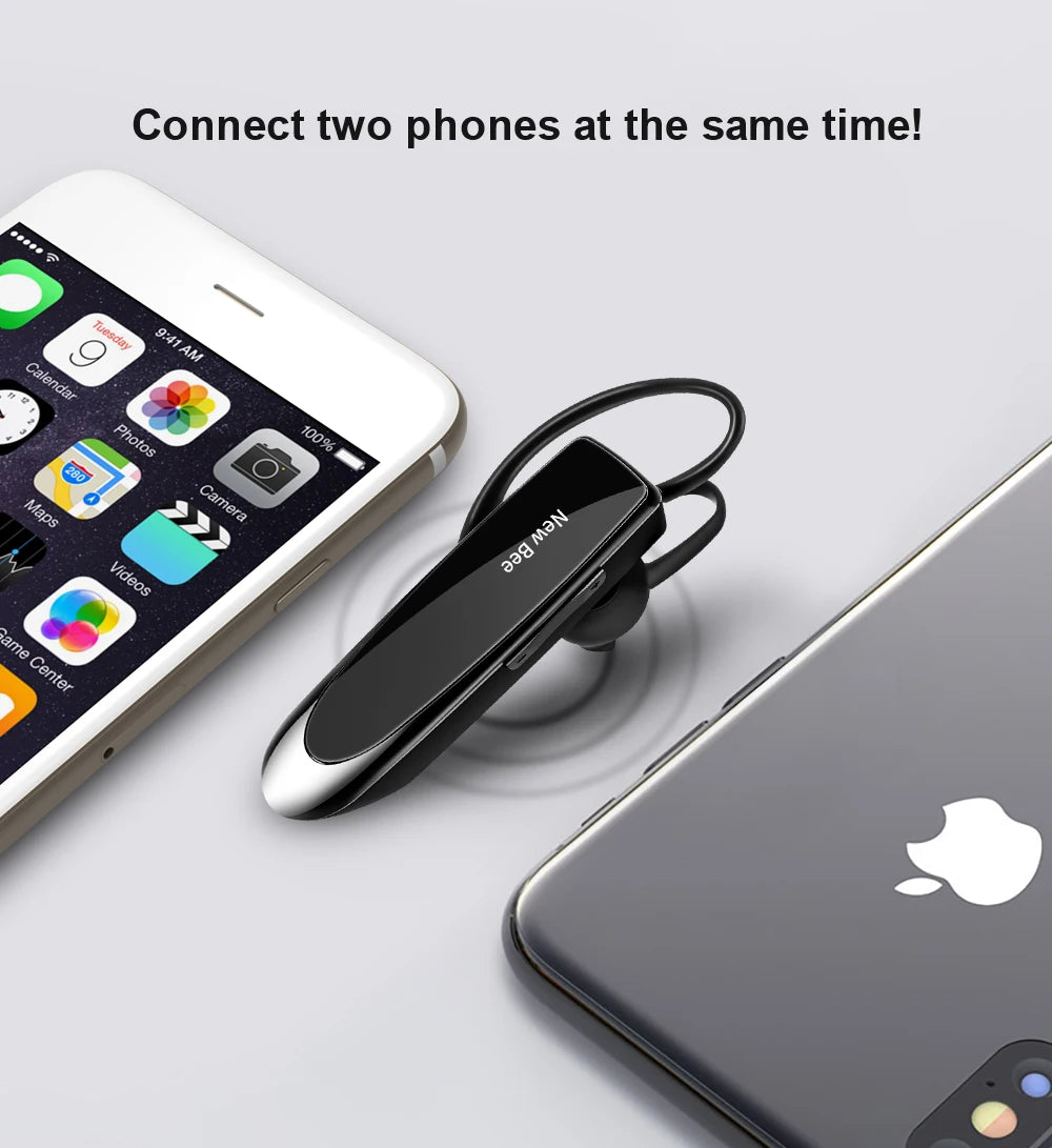 Sleek black wireless Bluetooth hands-free earpiece with ear hook, positioned between two smartphones.