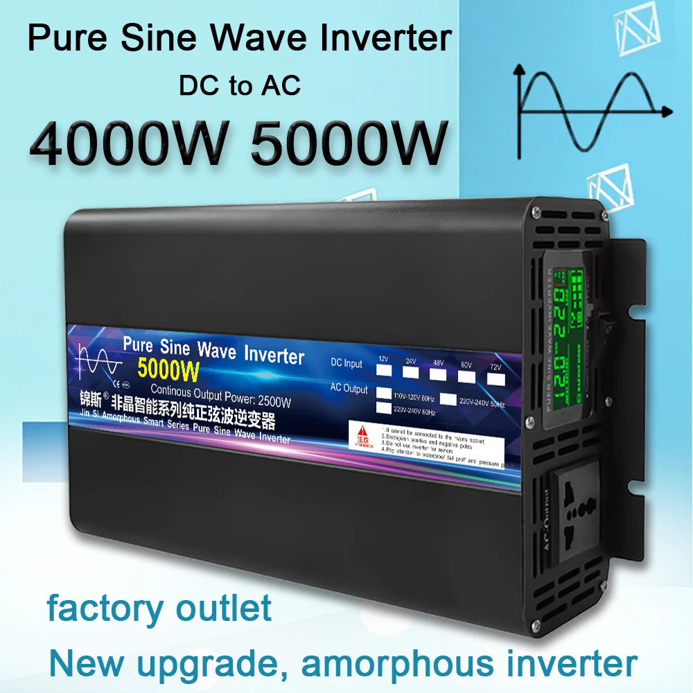 Black pure sine wave power inverter with a digital display screen, ventilation slots, and multiple power output sockets.