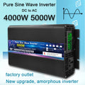 Black pure sine wave power inverter with a digital display screen, ventilation slots, and multiple power output sockets.
