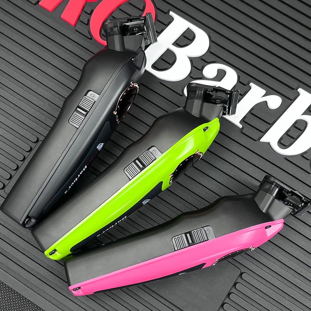 Three professional electric hair trimmers in black, neon green, and pink, featuring side switches and LED displays.