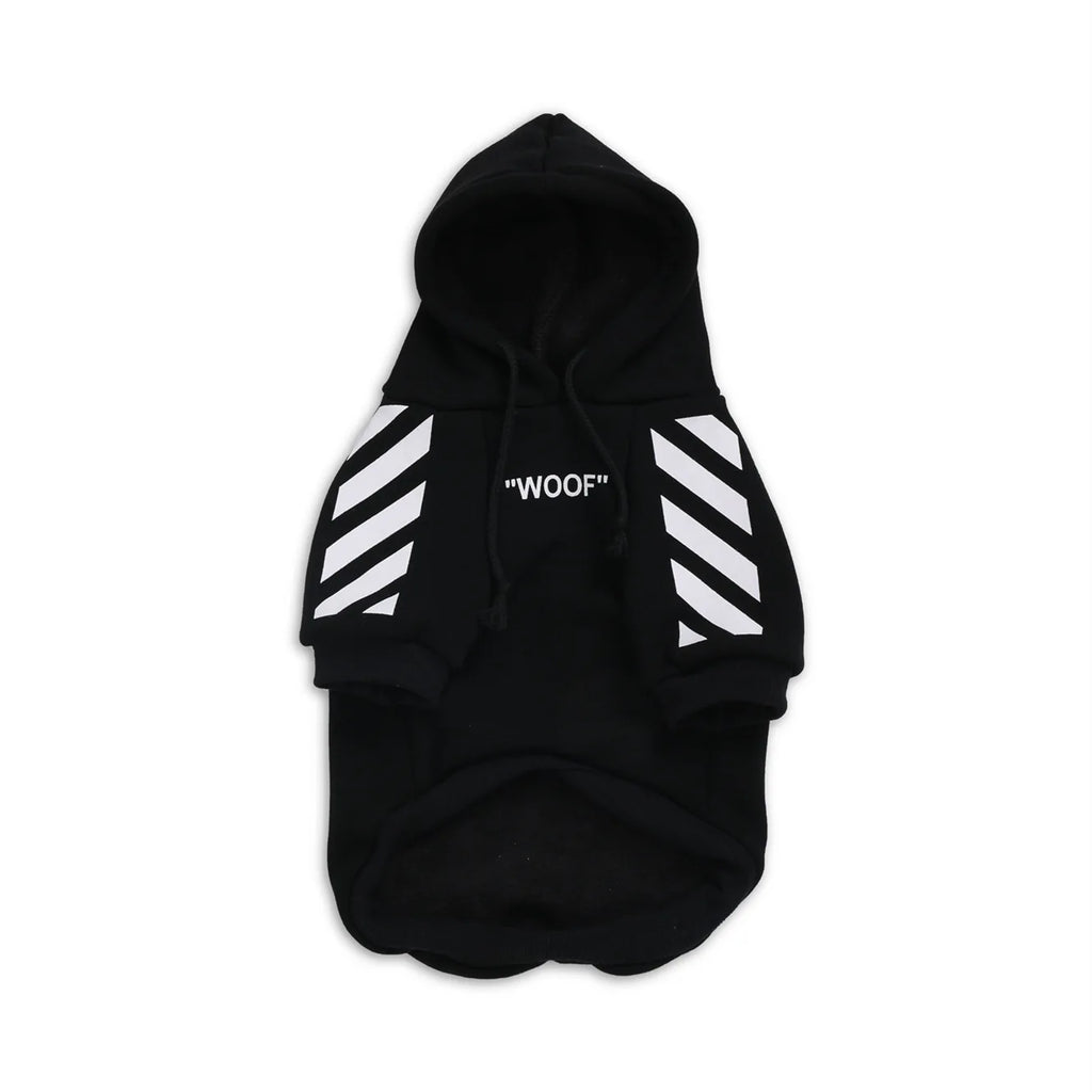 Black dog hoodie with hood, drawstrings, white diagonal sleeve stripes, and "WOOF" text on the chest.