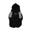 Black dog hoodie with hood, drawstrings, white diagonal sleeve stripes, and "WOOF" text on the chest.