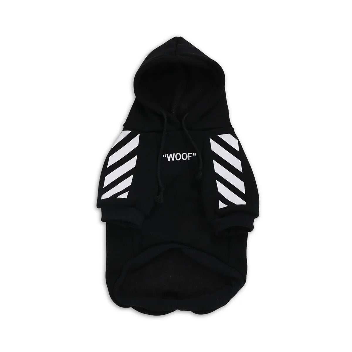 Black dog hoodie with hood, drawstrings, white diagonal sleeve stripes, and "WOOF" text on the chest.