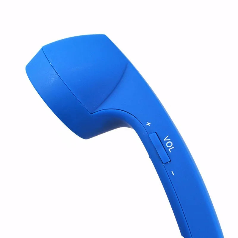 Bright blue retro-style telephone handset with a convenient side-mounted volume control rocker button.