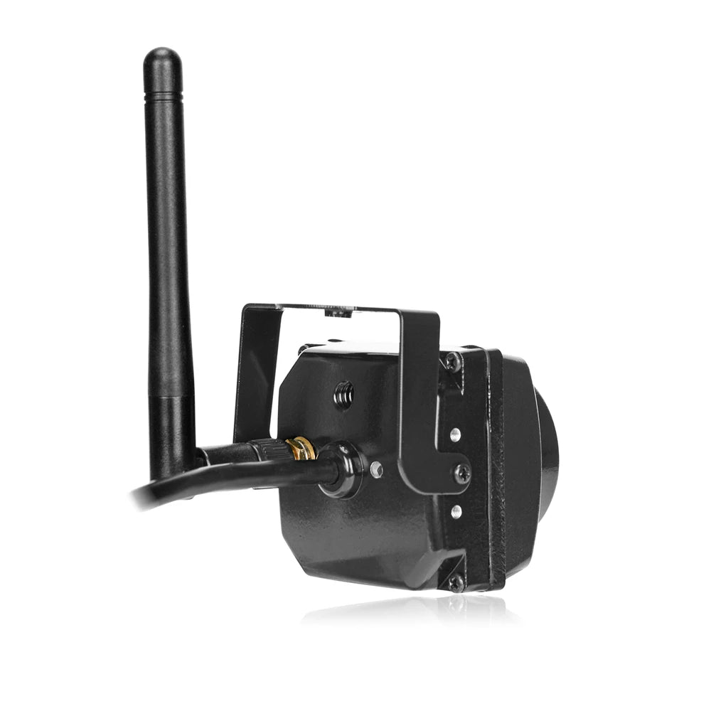 Black metal wireless security camera with an external antenna and adjustable mounting bracket, side view.