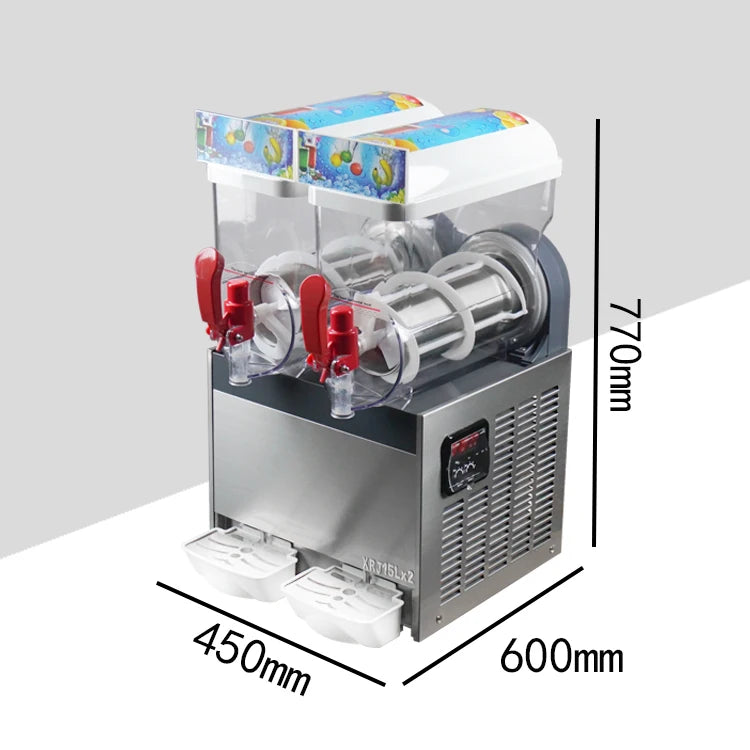 Commercial 2-bowl frozen drink machine in stainless steel with two red dispensing taps and clear basins.
