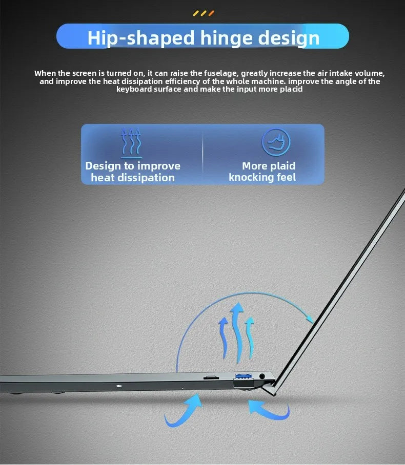 Grey 14-inch laptop featuring an ergonomic hinge design that tilts the keyboard for airflow and comfortable typing.