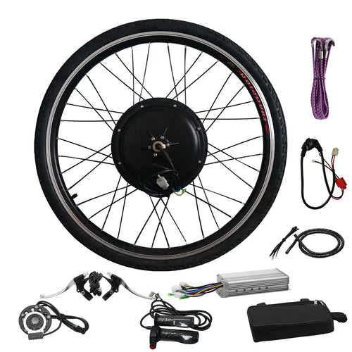 Electric bike conversion kit featuring a black motor wheel, controller, throttle, brake levers, and cabling accessories.