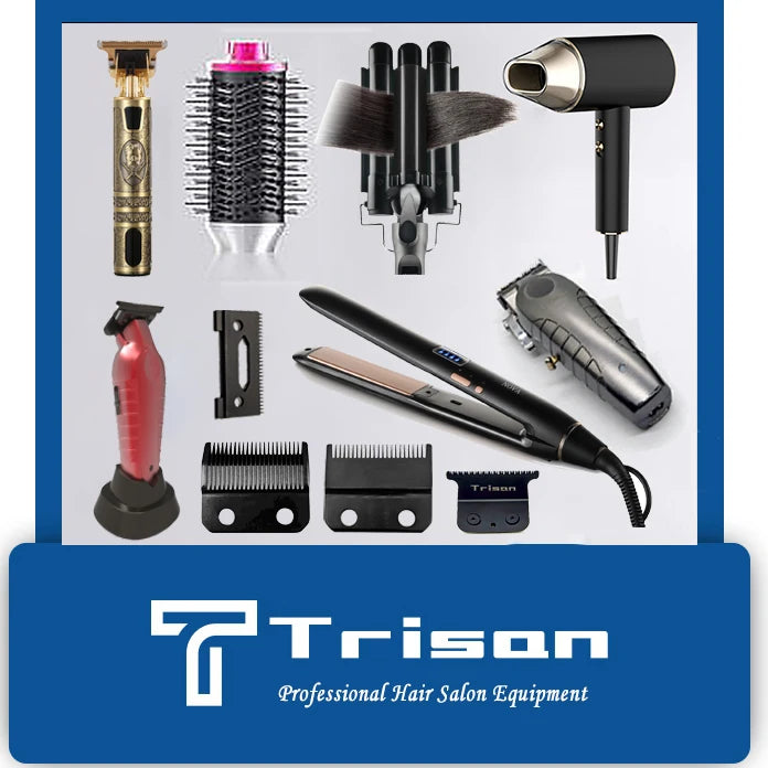 Professional grooming set featuring a gold trimmer, hair dryer, straighteners, clippers, and various styling attachments.