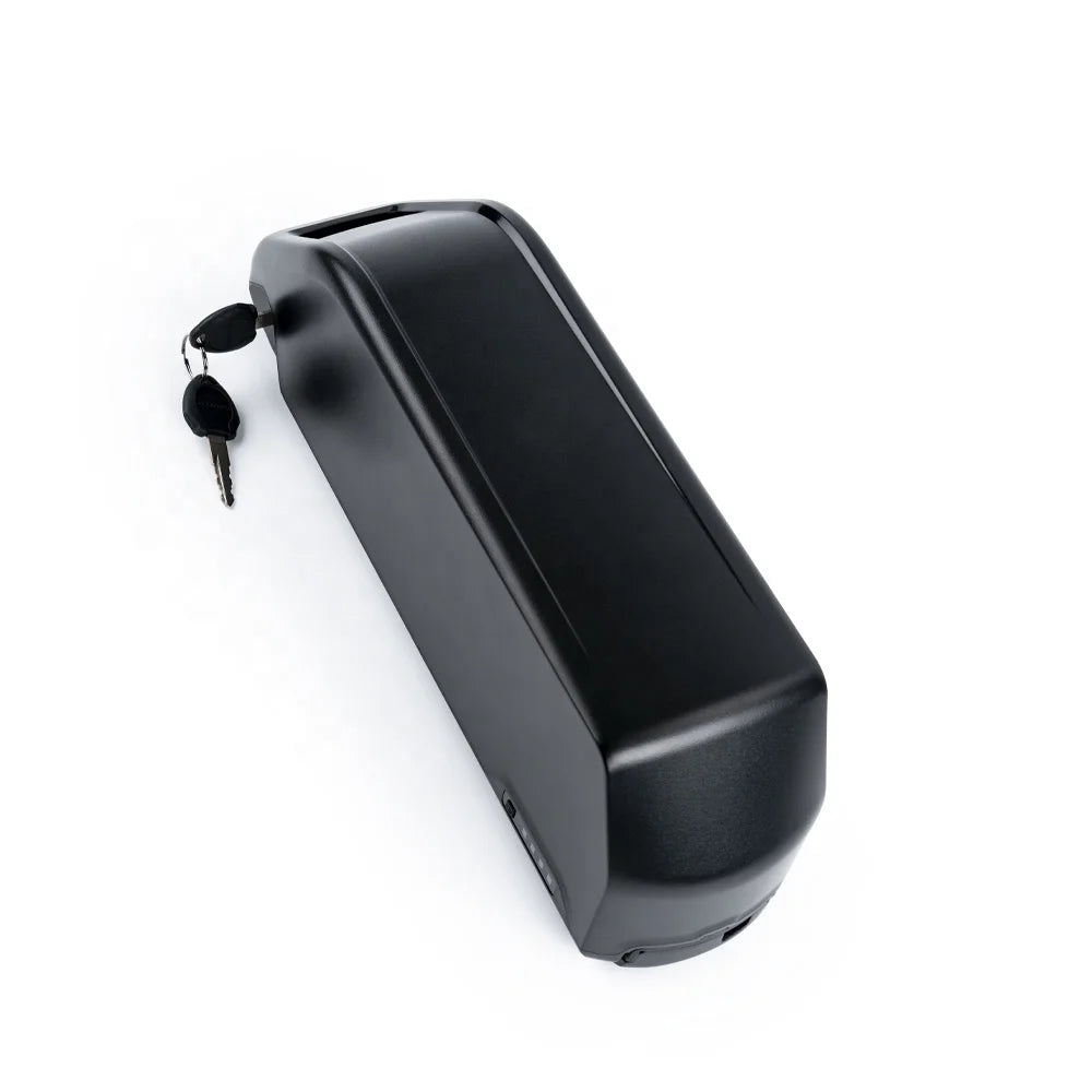 Black, rectangular electric bike battery with a security lock and key, isolated on a white background.
