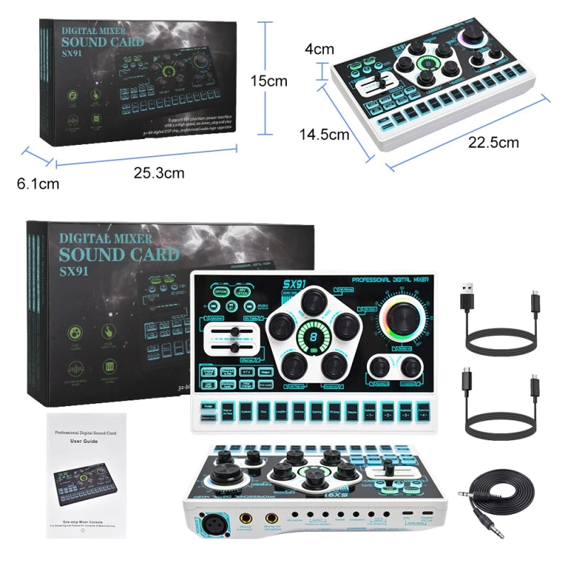 Portable white and black USB audio mixer with tactile control knobs, illuminated buttons, and included connection cables.