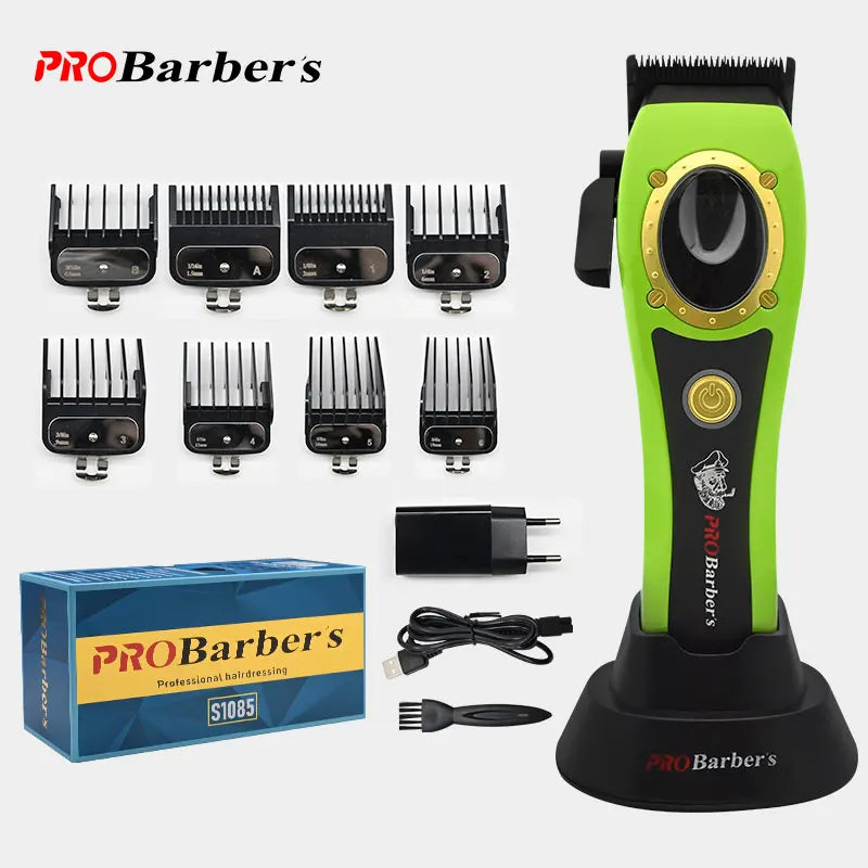 Professional electric hair clippers in bright green with a charging stand, eight guide combs, and charging accessories.