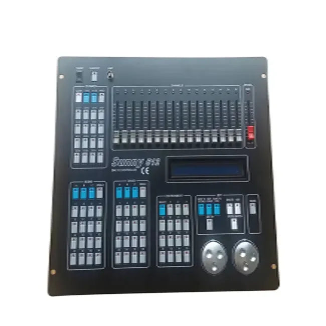 Black 512 DMX stage lighting controller featuring 16 channel sliders, a digital display, and multi-button control panels.