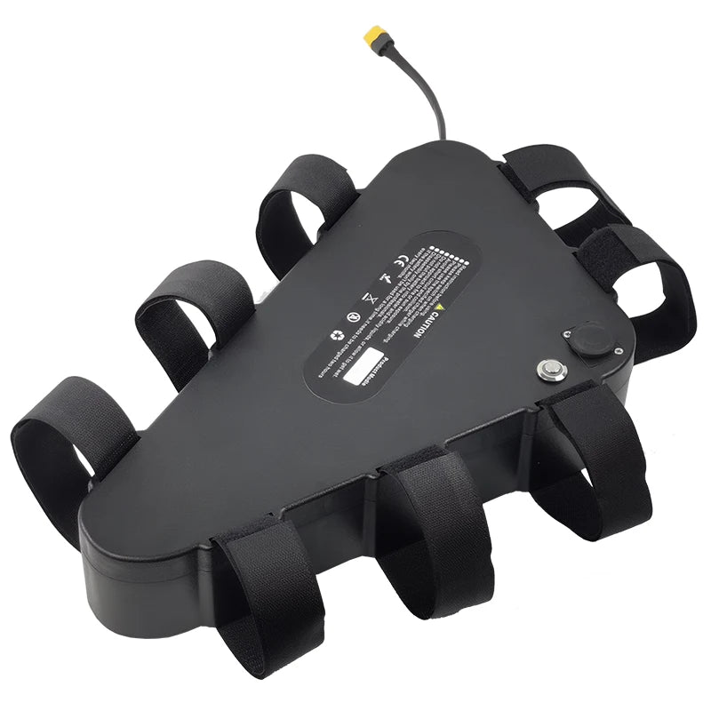 Black triangular lithium-ion electric bike battery pack with velcro mounting straps and a power connector lead.